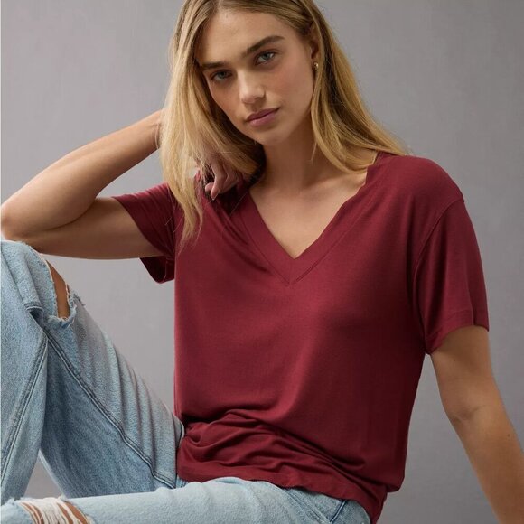 NWT American Eagle Soft & Sexy Oversized Burgundy V-Neck Tee Shirt - Picture 6 of 8